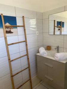 uma casa de banho com uma escada ao lado de um lavatório em PARADIS DES SABLES em Les Galets