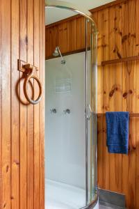 uma cabina de duche em vidro numa casa de banho com paredes em madeira em Hunter Hideaway Cottages em Rothbury