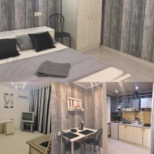 2 fotos de una habitación con cama y cocina en Apartment квартира Ярослава Мудрого, en Krivoy Rog