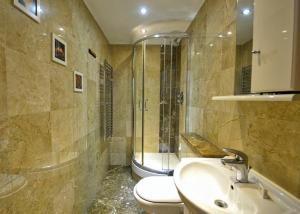 a bathroom with a toilet and a shower and a sink at Hyde Park Apartments in London +14 photos
