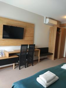 ein Hotelzimmer mit einem Bett, einem Schreibtisch und einem TV in der Unterkunft Bulwary Biznes in Mielec