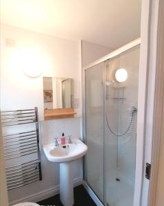 a bathroom with a sink and a shower at Seaside Apartment in Oban