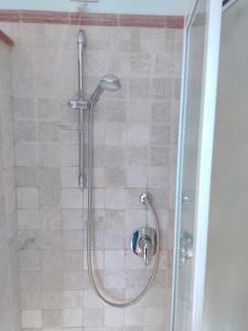 a shower in a bathroom with a glass door at Mazzini Affittacamere in Viareggio