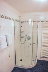eine Dusche mit Glastür im Bad in der Unterkunft Seeholiday - Ferienwohnung Korte in Meersburg