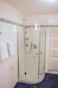 a shower with a glass door in a bathroom at Seeholiday - Ferienwohnung Korte in Meersburg