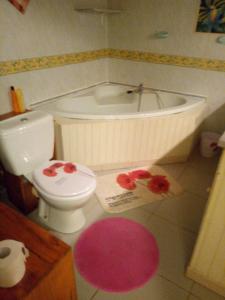 bagno con vasca, servizi igienici e tappeto di Au fruit delicieux a La Plaine des Cafres