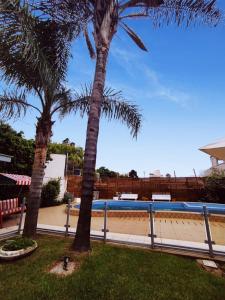 two palm trees next to a swimming pool at Gran Lourdes Hotel by CPH in Villa Carlos Paz