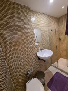 een badkamer met een toilet, een wastafel en een douche bij Top location apartment in Copacabana in Rio de Janeiro