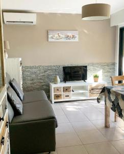 a living room with a couch and a television at Les Sarments in Le Lavandou