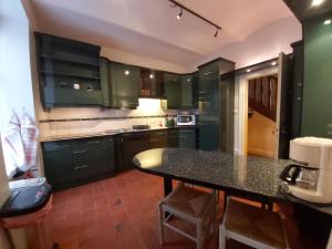 eine Küche mit grünen Schränken und einem schwarzen Tisch in der Unterkunft Le Gîte de l Andarge in Verneuil