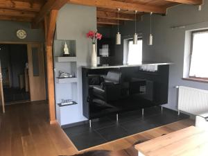 uma sala de estar com um balcão preto e uma cadeira em Chalet Jizerky em Tanvald