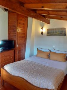 Schlafzimmer mit einem Bett, einem TV und Holzdecken in der Unterkunft Casas do Cruzeiro in Sabugueiro