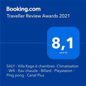 Сертификат, награда, вывеска или другой документ, выставленный в SALY - Villa Kage 6 chambres -Climatisation - Wifi - Eau chaude - Billard - Playstation - Ping pong - Canal Plus