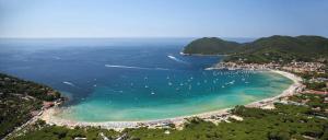 an aerial view of a beach with boats in the water at Elba Villa Colle - Nel verde ma vicina al mare in Marina di Campo