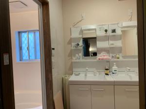 a bathroom with a sink and a shower and a mirror at 海が見えるゲストハウス　浜んちゅ in Yamato