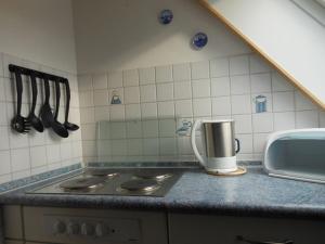 eine Küchentheke mit einem Herd und einem Toaster in der Unterkunft Haus Nordseemelodie,Wohnung 9  in Wittdün