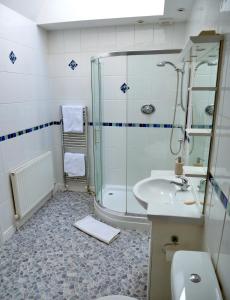a bathroom with a shower and a sink at Mandalay Holiday Home in Amesbury