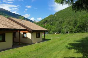 a building with a grass field next to a mountain at Chalet Presanella in Temù