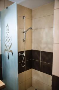 La salle de bains est pourvue d'une douche avec une porte en verre. dans l'établissement Studio Livia, à Starý Smokovec