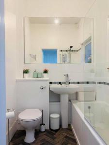 a white bathroom with a toilet and a sink at 21 Melbourne Place Studios in St Andrews