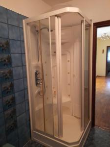 una doccia con porta in vetro in bagno di Casa Gravere bis a Gravere