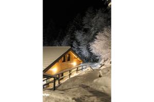 a cabin in the snow at night at Chalet Presanella in Temù