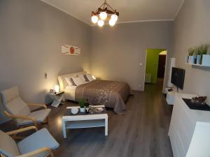 ブダペストにあるCentral Apartment Budapestのベッドルーム1室(ベッド1台付)、リビングルームが備わります。