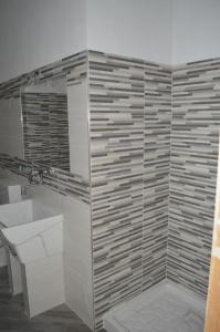 bagno con doccia, lavandino e specchio di Parravicini Red Flower apartment a Tirano
