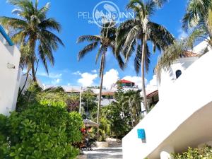 a view of the palm trees from the entrance to the resort at Pelicano Inn Playa del Carmen - Beachfront Hotel in Playa del Carmen