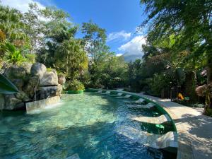 una piscina nel mezzo di un giardino di Paradise Hot Springs a Fortuna