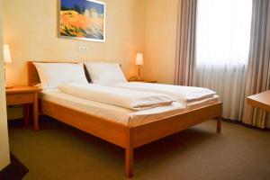 ein Schlafzimmer mit einem Bett in einem Zimmer mit einem Fenster in der Unterkunft Staffelsteiner Hof in Bad Staffelstein