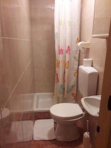 a bathroom with a toilet and a shower curtain at Apartment Pavilion-beautiful garden in Kampor