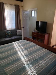 a bedroom with a bed and a couch and a television at Irie HideAway - Private Studio in Gated Community --Caribbean Estates, Portmore in Goshen Pen