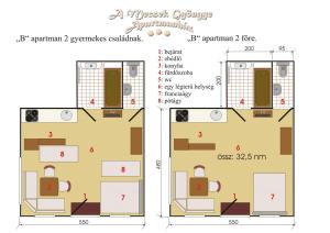 ペーチにあるA Mecsek Gyöngye Apartmanhazの典型的なキャラバンの寸法を示す二つの図
