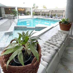 a swimming pool with two potted plants next to it at Garden Paradise in North Pattaya