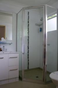 a bathroom with a shower with a glass door at Cedar Lodge Motel in Townsville