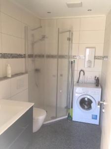ein Bad mit einer Dusche und einer Waschmaschine in der Unterkunft Ferienwohnungen Reiger - WA320 in Wackersdorf