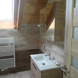 a bathroom with a sink and a mirror at apartman u\Kapra in Jeřmanice