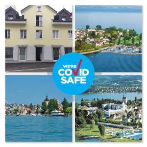 un collage d'images de maisons et d'eau dans l'établissement Grosses Apartement 2 Schlafzimmer am Bodensee, à Arbon