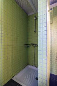 a green tiled bathroom with a shower and a tub at DIMITRIOS in Skiros +9 photos