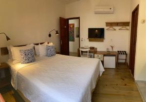 um quarto com uma cama, uma secretária e uma televisão em Green 53 Boutique Hotel em Ilhéus