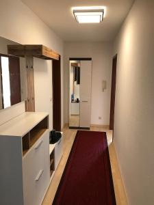 a room with a kitchen with a red rug at FeWo-Wieseck in Gießen