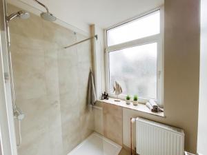 een badkamer met een douche en een raam bij Apartment an der Altstadt (#8) in Hameln