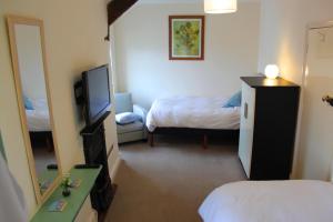 a small room with two beds and a television at The Olive Branch in Ilfracombe