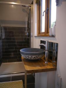 a bathroom with a sink and a shower at The Studio @ Bridge Cottage in Totnes