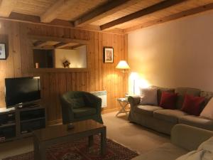 sala de estar con sofá y TV en Chalet du grand cerf, en Servoz
