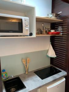 una pequeña cocina con microondas y fregadero en Studio Green Jungle, en La Trinité