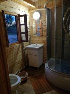 a bathroom with a toilet and a sink and a shower at Nad Drawskim DOMKI LETNISKOWE in Czaplinek