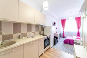 uma cozinha com um lavatório e um quarto com uma cama em Apartament Cristian em Arad