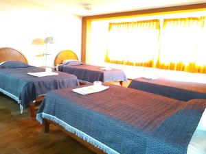 Cette chambre d'hôtel dispose de 3 lits avec des couvertures bleues. dans l'établissement Hostal Espinoza II, à Arequipa